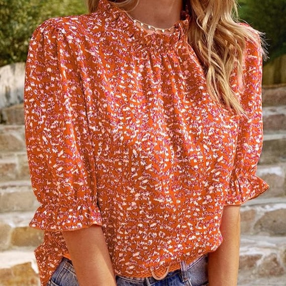 BTFMB Tops - BTFBM Short Sleeve Mock Neck Ruffle Summer Print Boho Top, Size S